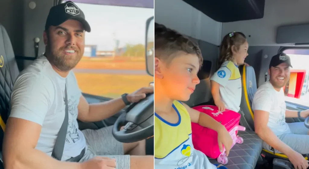 Zé Neto busca filhos na escola dirigindo caminhão 1 caminhao