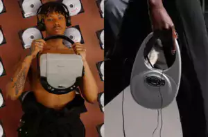 Bolsa "DISCMAN" da Dendezeiro, e bolsa "CD PLAYER", da Coperni