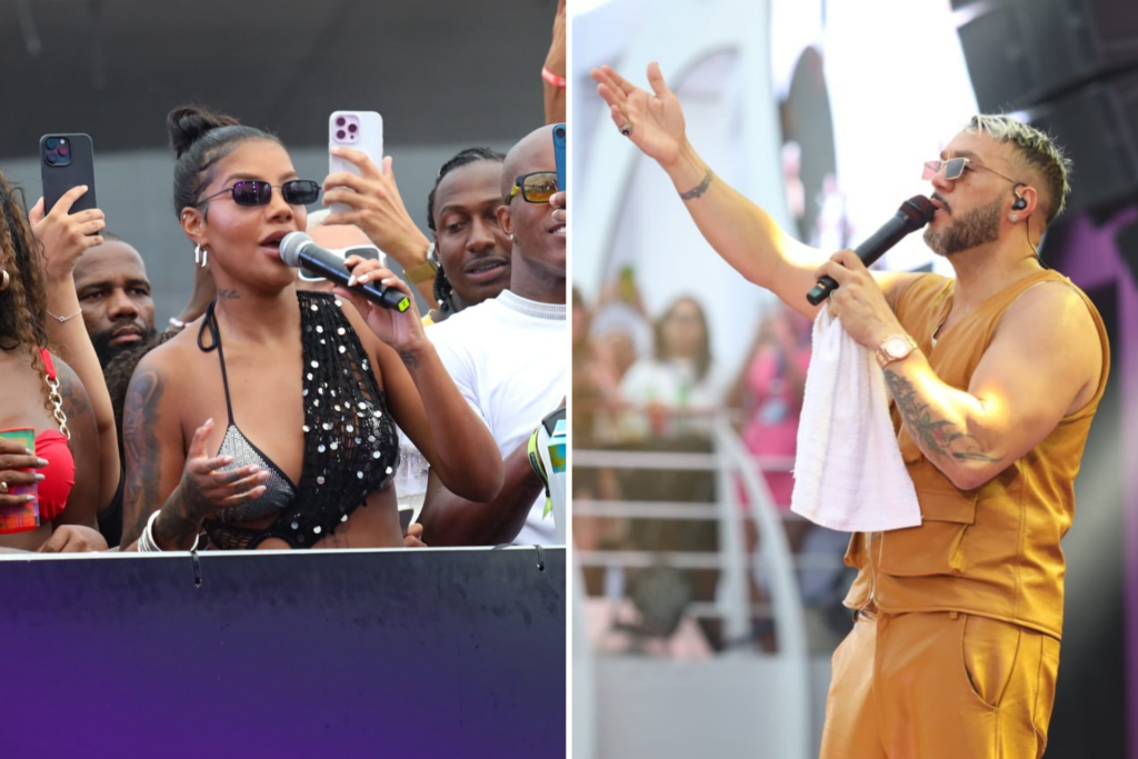 Ludmilla e Belo em um dueto improvável no navio Numanice, ele no palco e ela no camarote