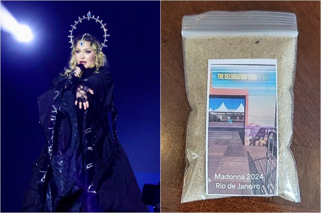Lembrancinha: loja vende areia do show de Madonna em Copacabana 1 Loja vende areia da praia de Copacabana, no Rio
