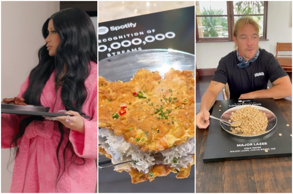 10 cantores que comeram refeições da placa de um bilhão de streams do Spotify 1 Cardi B e Diplo ganharam placas comemorativas do Spotify