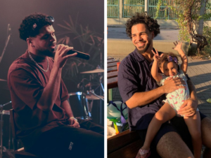 O cantor Mauí durante gravação do DVD "Faxinalove" (à esq) e com a filha Mali, de dois anos