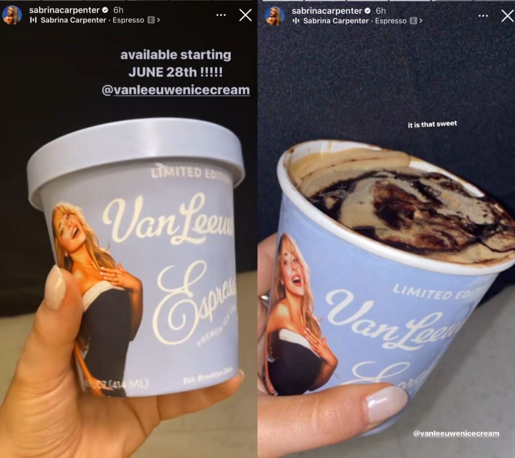 A cantora Sabrina Carpenter, por meio de stories, anunciando seu sorvete