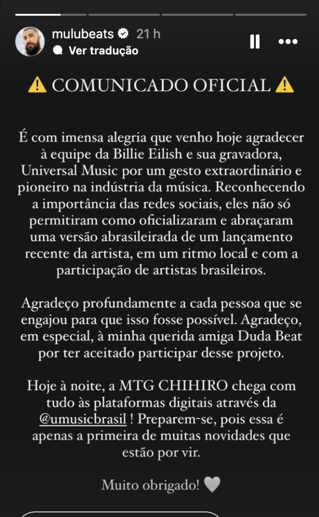 Publicação de Mulú sobre 'MTG CHIHIRO' com Duda Beat