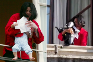 Michael Jackson e Bigi (à esq.) em hotel em Berlim em 2002; Janelle Monáe (à dir.) com cachorro robô
