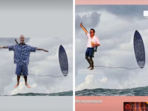 MC Poze do Rodo e Zeca Pagodinho em montagens que remixam a foto de Gabriel Medina