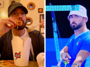 O rapper Eminem e o sósia Mauro Nespoli, atleta do tiro olímpico italiano