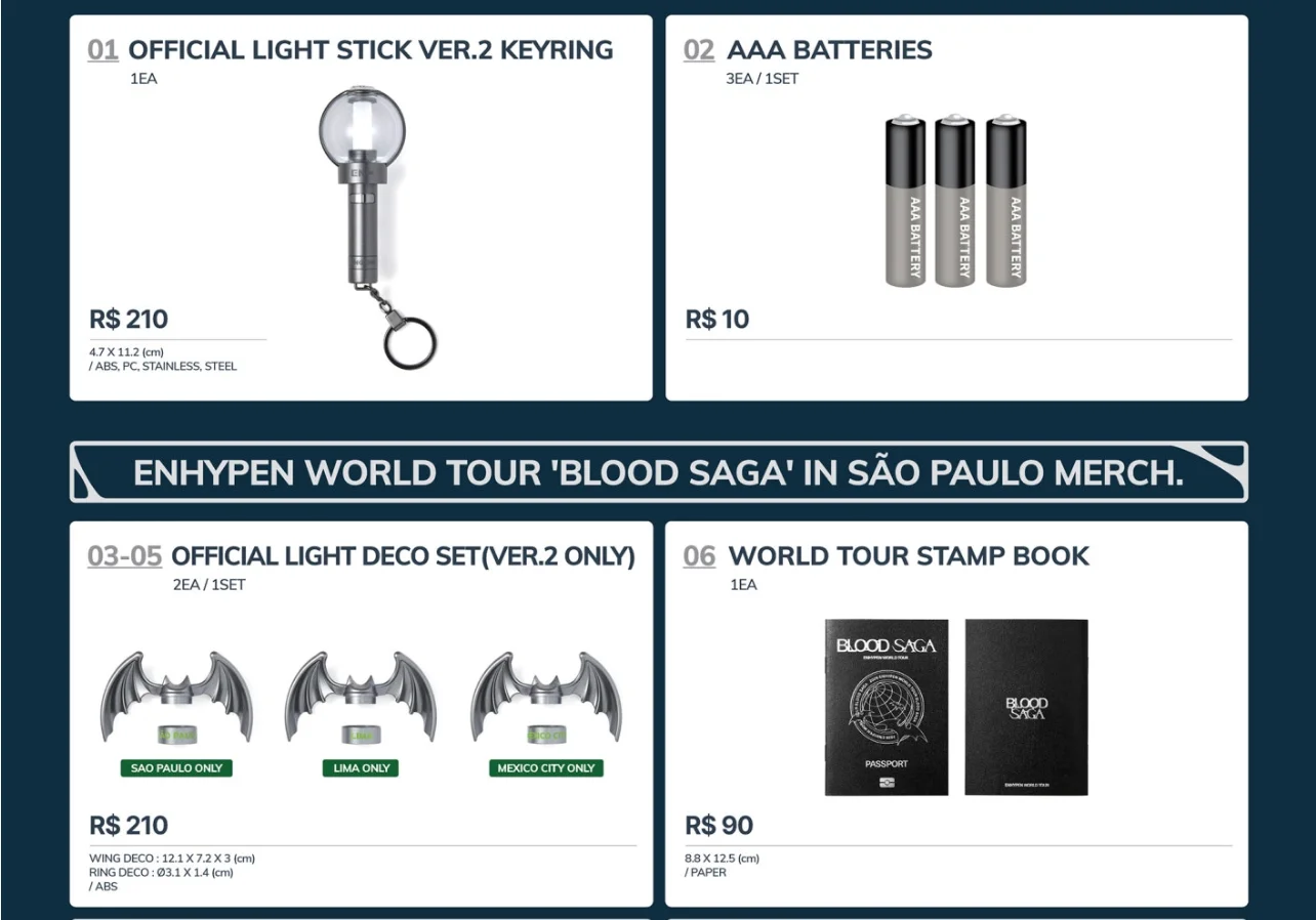 Produtos do merch oficial do ENHYPEN no Brasil