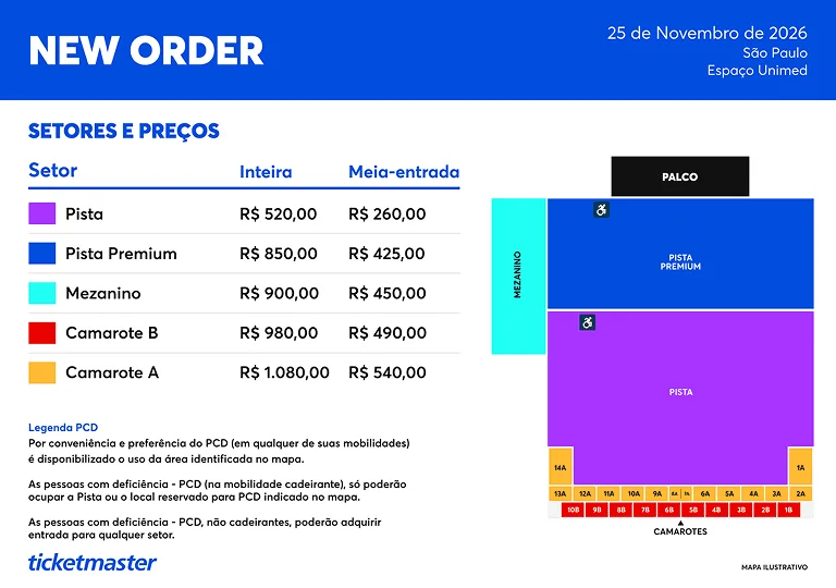 Mapa de setores e preços do show do New Order em São Paulo